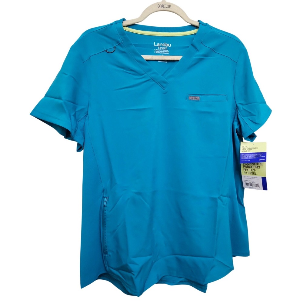 Landau Forward Scrub Top Womens L Teal V-Neck Stretch Moisture Wicking Medical